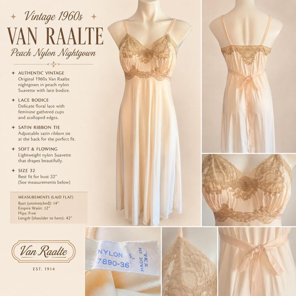 Vintage 1960s Van Raalte Peach Nylon Nightgown Lace Bodice Satin Suavette Sz 32